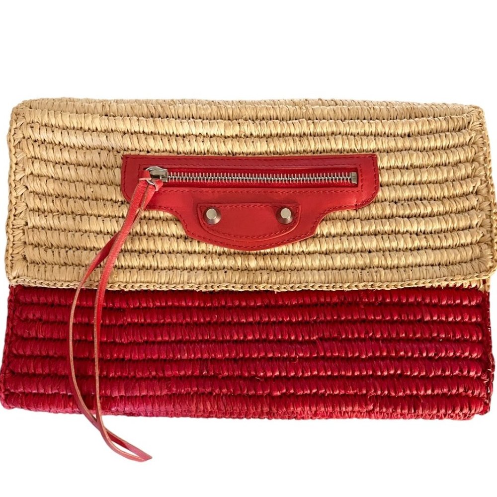 BALENCIAGA Moto Raffia Two-tone Clutch